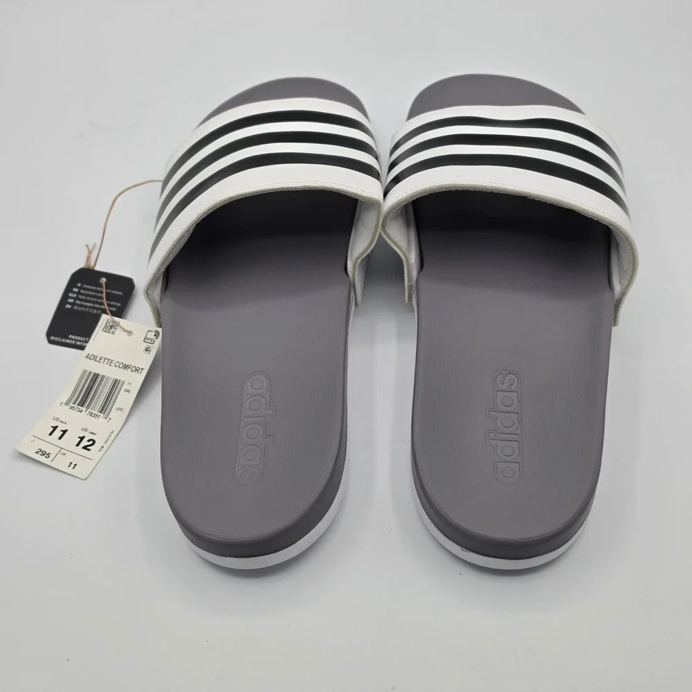 Adidas Adilette Comfort Slides Men 11 Grey NWT‎ 3-Stripe Athletic Sandals GW1054